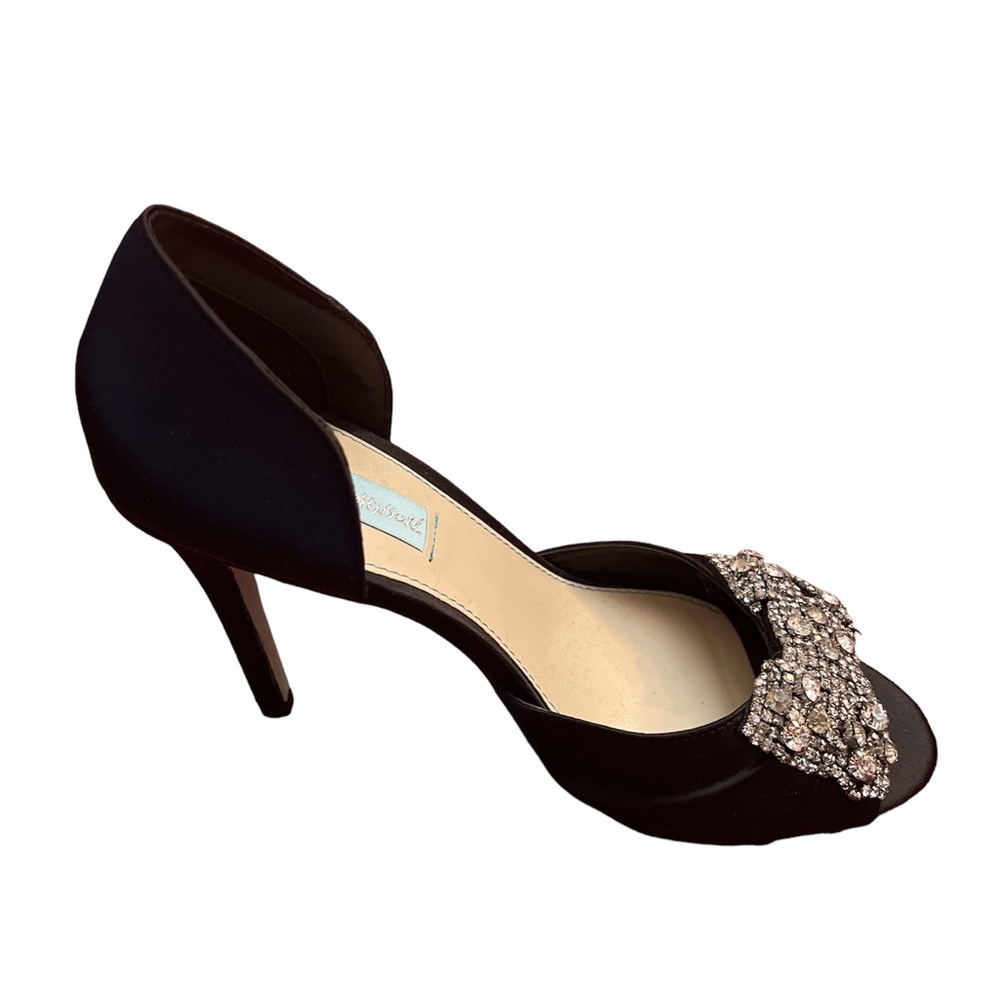 Brand: Betsey Johnson Black Satin heel blinged out on top size 8 only worn once